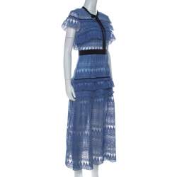 Pre Owned Self Portrait Blue Teardrop Guipure Lace Ruffled Daphne Midi Dress M