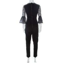 Pre Owned Self-Portrait Black & White Lace Bodice Bell Sleeve Jumpsuit M