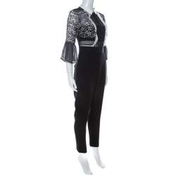 Pre Owned Self-Portrait Black & White Lace Bodice Bell Sleeve Jumpsuit M