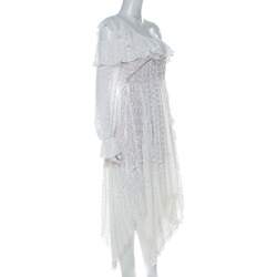 مملوكة مسبقًا فستان سيلف بورتريت غير متماثل كتف واحد زر أمام فوال مطرز أبيض S