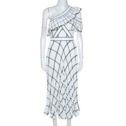 مملوكة مسبقًا فستان سيلف بورتريه كريب أبيض كاروهات بكتف واحد  XS