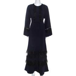 Pre Owned Self Portrait Navy Blue Crepe Lace Trimmed Maxi Dress M