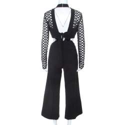 Pre Owned Self Portrait Black Lace Insert Cropped Bodice Jumpsuit M