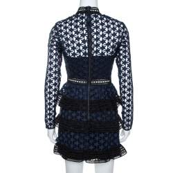 مملوكة مسبقًا Self Portrait Navy Blue & Black Star Pattern Lace High Neck Tiered Dress S