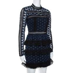 مملوكة مسبقًا Self Portrait Navy Blue & Black Star Pattern Lace High Neck Tiered Dress S