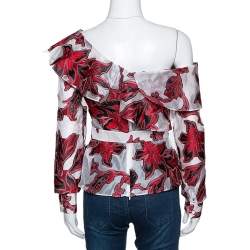 Pre Owned Self-Portrait Red & White Floral Fil Coupe One Shoulder Blouse S