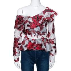 Pre Owned Self-Portrait Red & White Floral Fil Coupe One Shoulder Blouse S