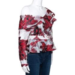 Pre Owned Self-Portrait Red & White Floral Fil Coupe One Shoulder Blouse S