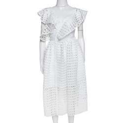 Pre Owned Self Portrait White Crochet Lace One Shoulder Ruffled Midi Dress S