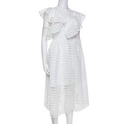 Pre Owned Self Portrait White Crochet Lace One Shoulder Ruffled Midi Dress S