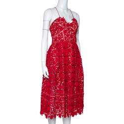 Pre Owned Self Portrait Red Floral Guipure Lace Noodle Strap Azaelea Midi Dress M