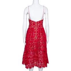 Pre Owned Self Portrait Red Floral Guipure Lace Noodle Strap Azaelea Midi Dress M