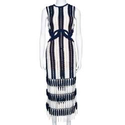 Self-Portrait Navy Blue & White Crochet Cutout Midi Dress M