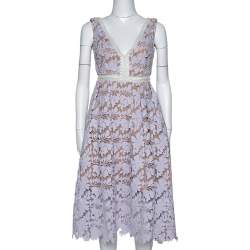 Pre Owned Self Portrait Pale Lilac Guipure Lace Sleeveless Midi Dress M
