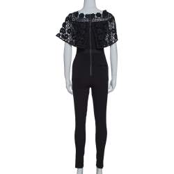Pre Owned Self-Portrait Black Guipure Lace & Crepe Serena Jumpsuit S