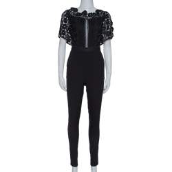 Pre Owned Self-Portrait Black Guipure Lace & Crepe Serena Jumpsuit S