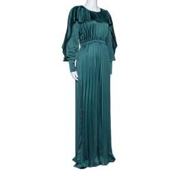 Pre Owned Self-Portrait Dark Green Satin Pleated Frill Detail Jumpsuit L
