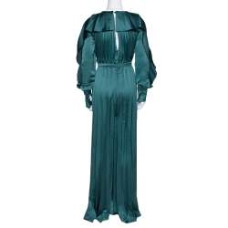 Pre Owned Self-Portrait Dark Green Satin Pleated Frill Detail Jumpsuit L