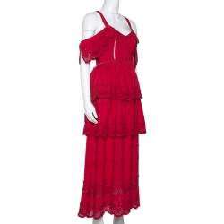 Pre Owned Self-Portrait Raspberry Red Lace Tiered Off Shoulder Dress S