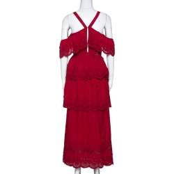 Pre Owned Self-Portrait Raspberry Red Lace Tiered Off Shoulder Dress S