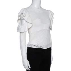 Pre Owned Self Portrait White Eyelet Knit Frill Cold Shoulder Top S