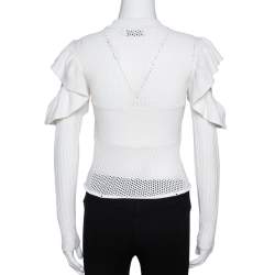 Pre Owned Self Portrait White Eyelet Knit Frill Cold Shoulder Top S