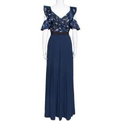 Pre Owned فستان بورتريه ساتان أزرق كحلي وكريب نجوم مزخرفة مقاس صغير - سمول