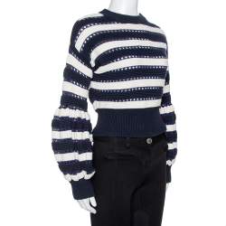 Pre Owned Self-Portrait Navy Blue & White Stripe Knit Cropped Sweater M