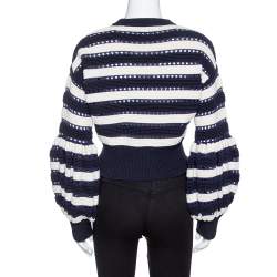 Pre Owned Self-Portrait Navy Blue & White Stripe Knit Cropped Sweater M