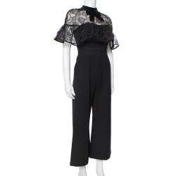 Pre Owned Self-Portrait Black Crepe Ruffled Lace Panel Wide Leg Jumpsuit S