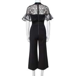 Pre Owned Self-Portrait Black Crepe Ruffled Lace Panel Wide Leg Jumpsuit S