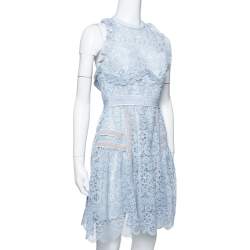 Pre Owned فستان ميني سيلف بورتريه أزرق بودرة دانتيل رقبة حمالات مقاس صغير - سمول