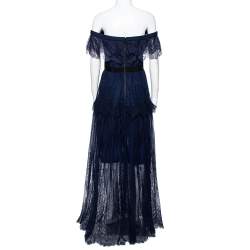 مملوكة مسبقًا Self Portrait Navy Blue Lace Ruffled Maxi Dress M