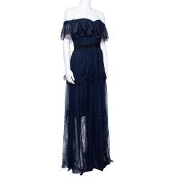 مملوكة مسبقًا Self Portrait Navy Blue Lace Ruffled Maxi Dress M