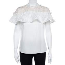 Self Portrait White Cotton Lace Panel Ruffled Hudson Top M