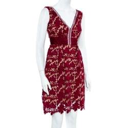 Pre Owned Self-Portrait Burgundy Guipure Lace Plunge Neck Detail Short Dress S