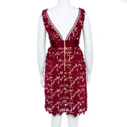 Pre Owned Self-Portrait Burgundy Guipure Lace Plunge Neck Detail Short Dress S