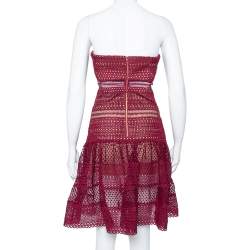 مملوكة مسبقًا Self Portrait Burgundy Guipure Lace Strapless Drop Waist Midi Dress S