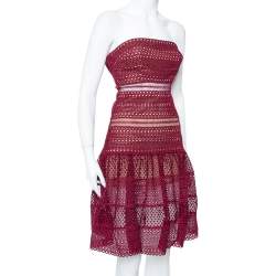 مملوكة مسبقًا Self Portrait Burgundy Guipure Lace Strapless Drop Waist Midi Dress S