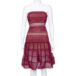 مملوكة مسبقًا Self Portrait Burgundy Guipure Lace Strapless Drop Waist Midi Dress S