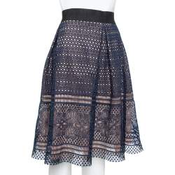 Pre Owned Self Portrait Navy Blue Guipure Lace Pleated Sofia Skirt L