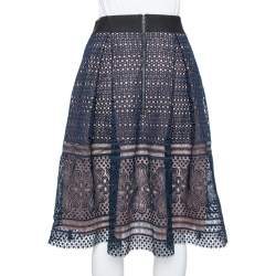 Pre Owned Self Portrait Navy Blue Guipure Lace Pleated Sofia Skirt L