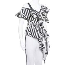 Pre Owned Self Portrait Monochrome Striped Stretch Cotton Asymmetric Top S