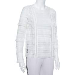 Pre Owned Self Portrait White Paneled Lace Sheer Long Sleeve Top S