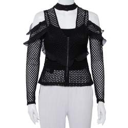 Pre Owned توب سيلف بورتريه دانتيل أسود بكشكشة أكتاف مكشوفة مقاس متوسط - ميديوم