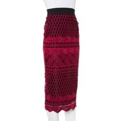 Pre Owned Self Portrait Burgundy Cut Out Lace Midi Skirt XS