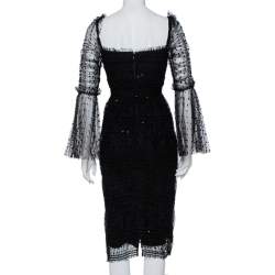 مملوكة مسبقًا Self-Portrait Black Polka Dot Tulle Sequin Embellished Ruched Midi Dress S