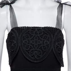 مملوكة مسبقًا Self-Portrait Black Crepe Lace Tie Shoulder Detail Midi Dress S