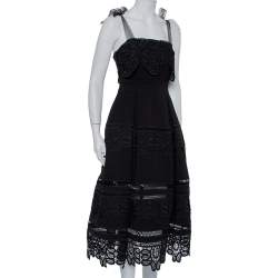 مملوكة مسبقًا Self-Portrait Black Crepe Lace Tie Shoulder Detail Midi Dress S