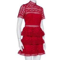مملوكة مسبقًا Self-Portrait Burgundy Guipure Star Lace High Neck Tiered Mini Dress S